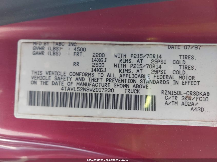 1998 Toyota Tacoma VIN: 4TAVL52N8WZ017230 Lot: 42392703