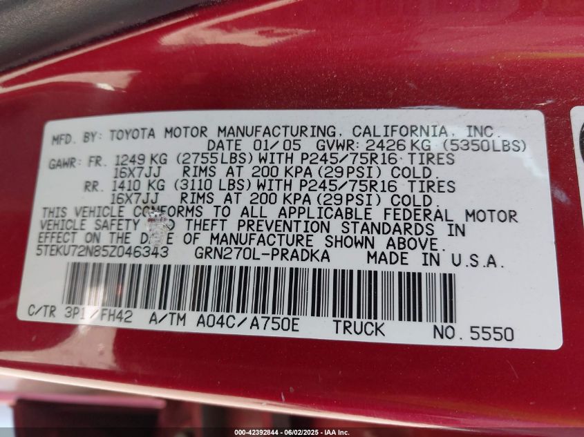 2005 Toyota Tacoma Prerunner V6 VIN: 5TEKU72N85Z046343 Lot: 42392844