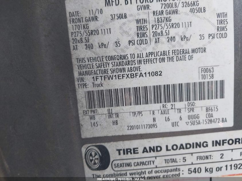 2011 Ford F-150 Lariat VIN: 1FTFW1EFXBFA11082 Lot: 42392869