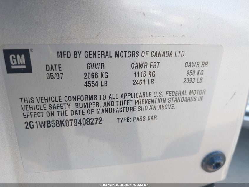 2007 CHEVROLET IMPALA VIN: 2G1WB58K079408272