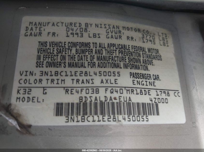 2008 Nissan Versa 1.8S VIN: 3N1BC11E28L450055 Lot: 42392963