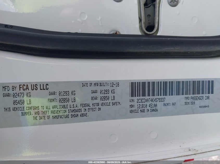 2019 DODGE CHARGER POLICE RWD - 2C3CDXAT4KH579337