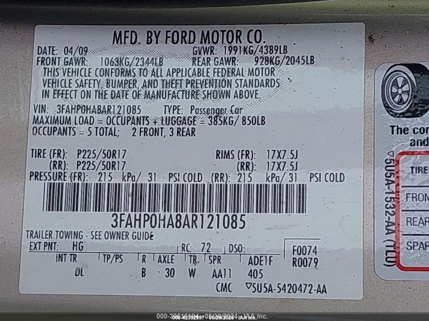 2010 Ford Fusion Se VIN: 3FAHP0HA8AR121085 Lot: 42392997