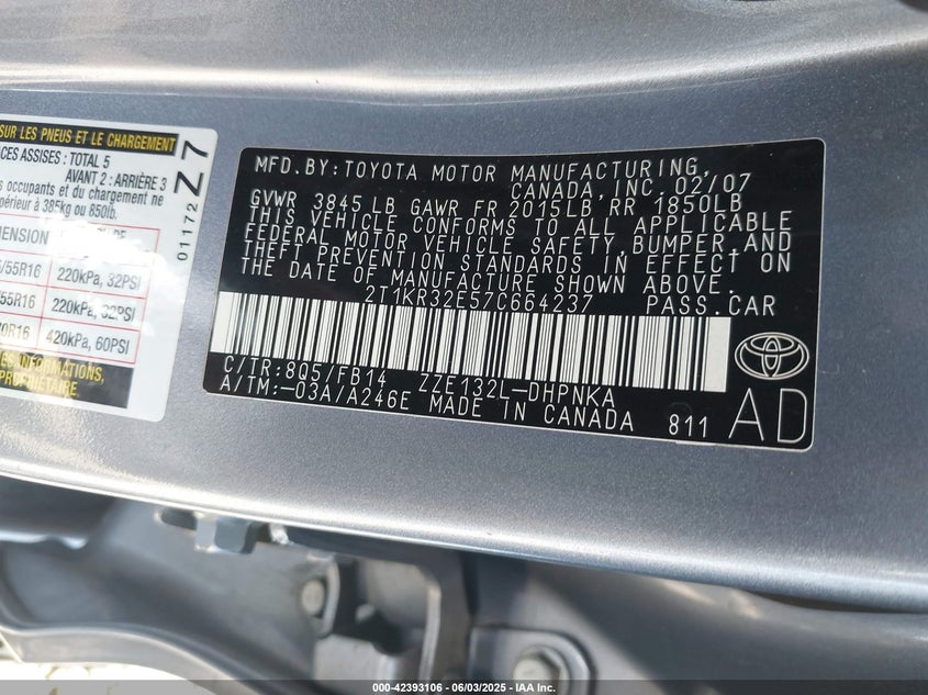 2007 TOYOTA MATRIX VIN: 2T1KR32E57C664237