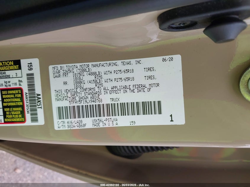 2020 TOYOTA TUNDRA VIN: 5TFHY5F19LX940768