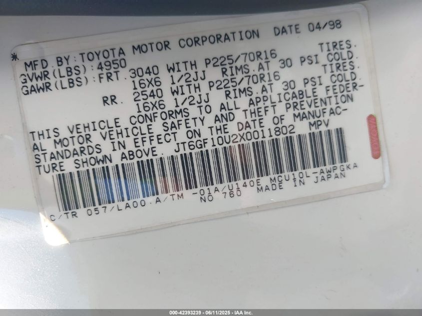 1999 Lexus Rx300 VIN: JH6GF10U2X0011802 Lot: 42393239