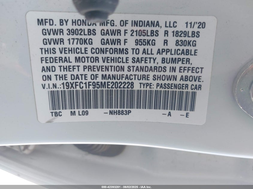 2021 HONDA CIVIC VIN: 19XFC1F95ME202228