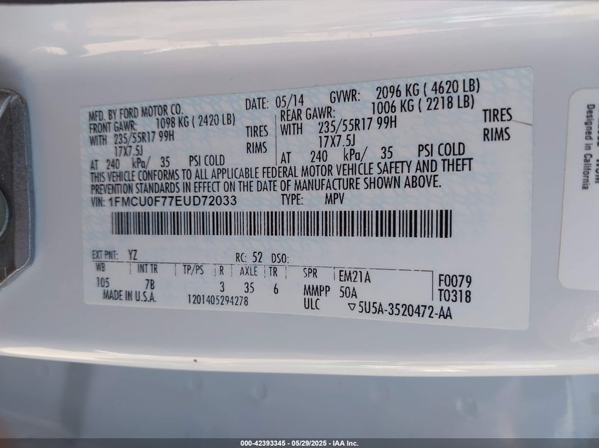 2014 FORD ESCAPE VIN: 1FMCU0F77EUD72033