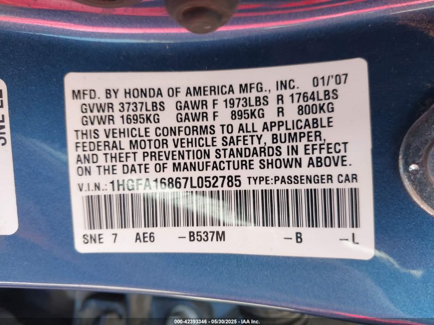 2007 Honda Civic Ex VIN: 1HGFA16867L052785 Lot: 42393346