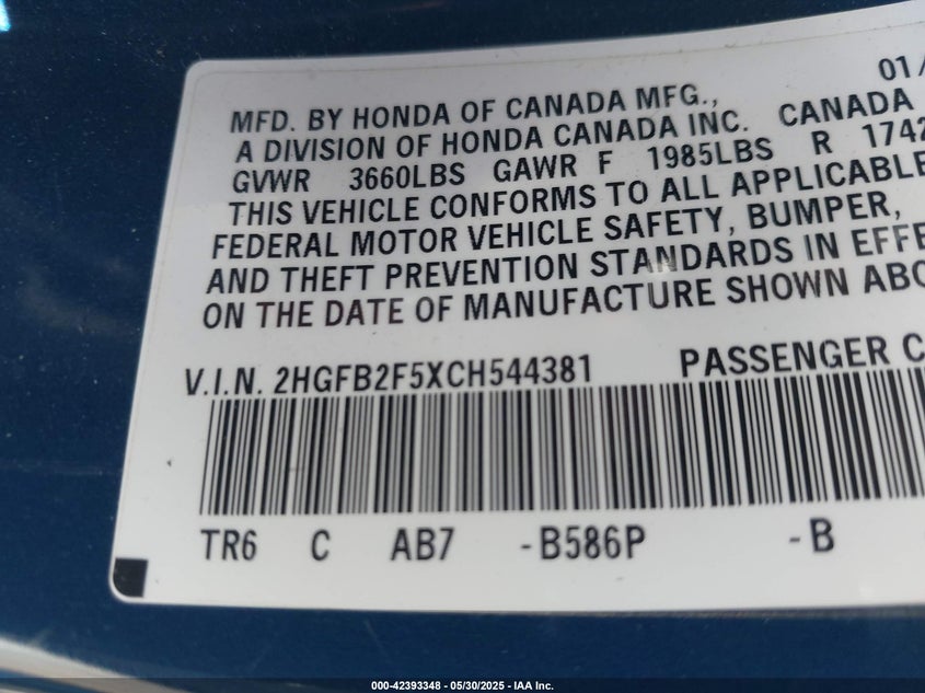 2012 HONDA CIVIC VIN: 2HGFB2F5XCH544381