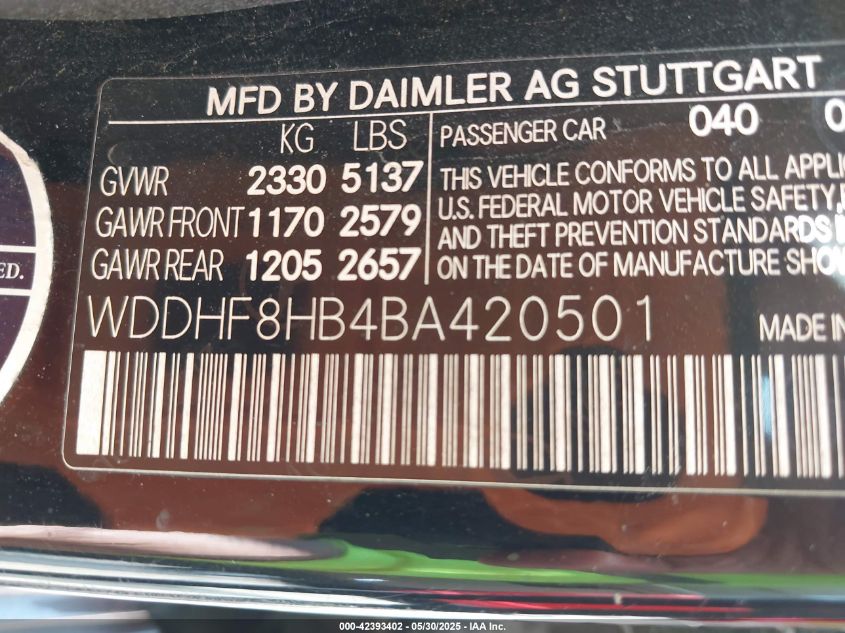 2011 Mercedes-Benz E 350 4Matic VIN: WDDHF8HB4BA420501 Lot: 42393402