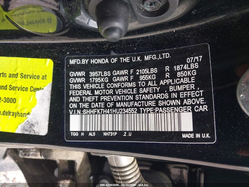 2017 Honda Civic Sport VIN: SHHFK7H41HU234552 Lot: 42393456