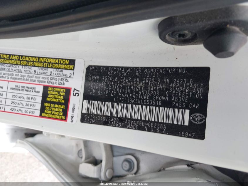 2022 Toyota Camry Se Awd VIN: 4T1G11BK5NU053918 Lot: 42393648