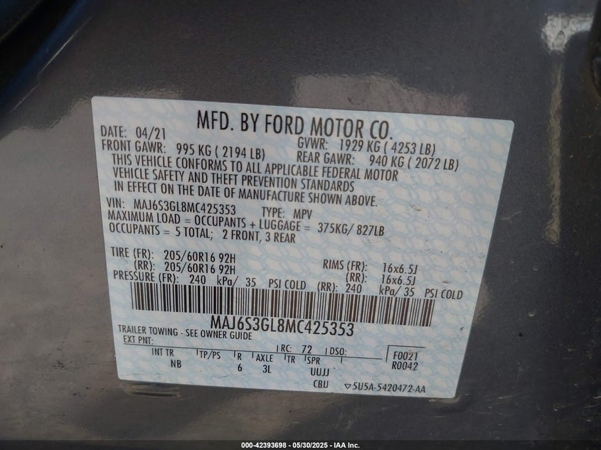 2021 FORD ECOSPORT VIN: MAJ6S3GL8MC425353