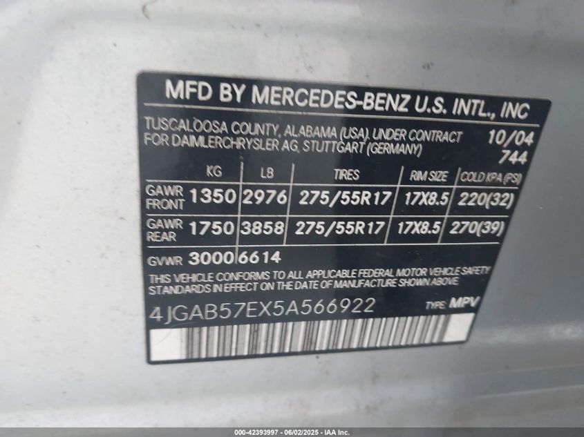 2005 Mercedes-Benz Ml 350 VIN: 4JGAB57EX5A566922 Lot: 42393997