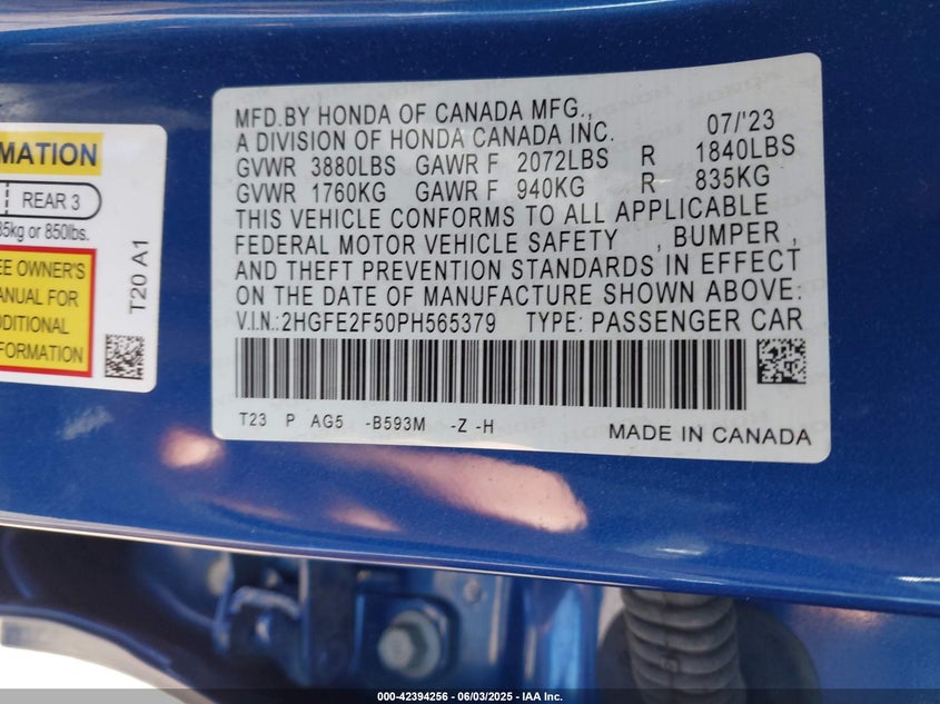 2023 Honda Civic 2.0 Sport Blue Lot 111042394256 Vin 2HGFE2F50PH565379