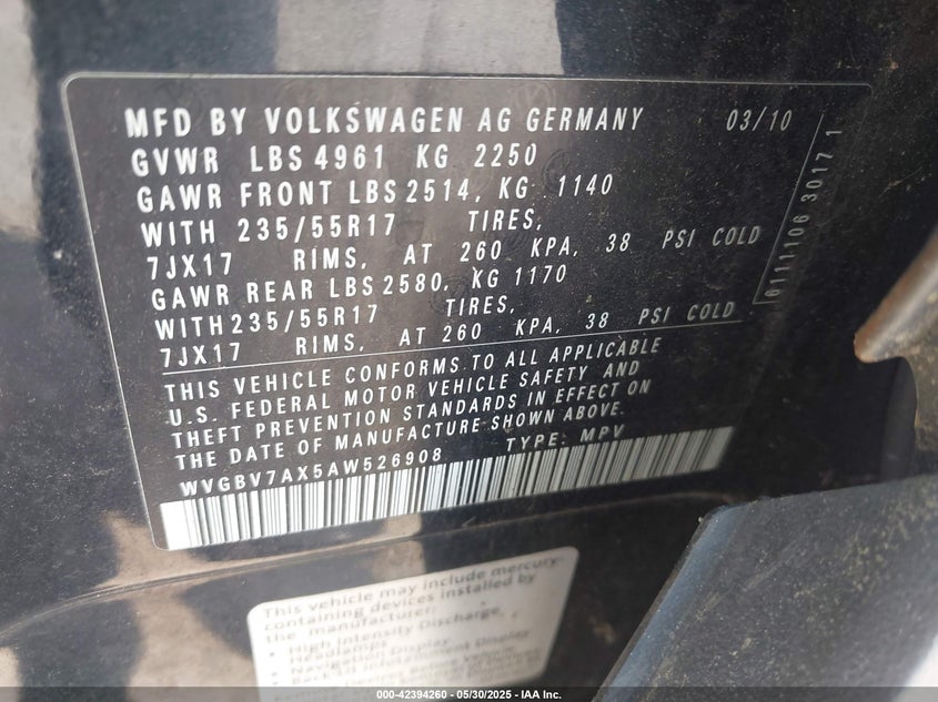 2010 VOLKSWAGEN TIGUAN VIN: WVGBV7AX5AW526908