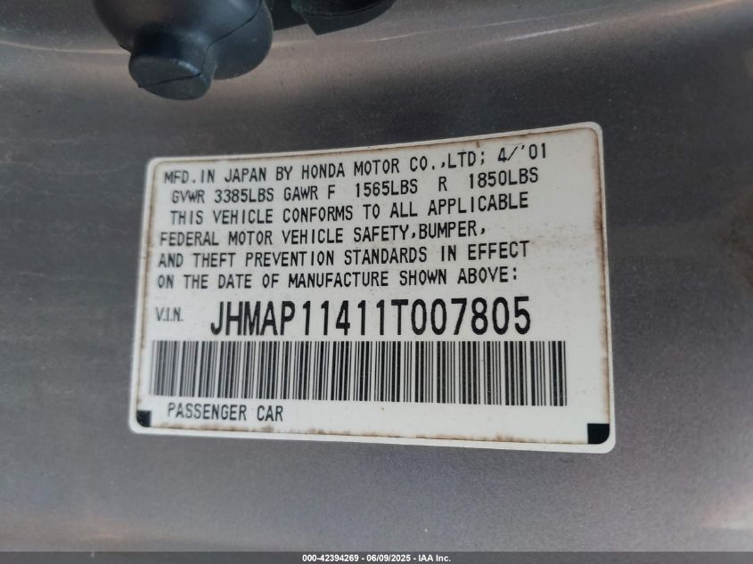 2001 Honda S2000 VIN: JHMAP11411T007805 Lot: 42394269