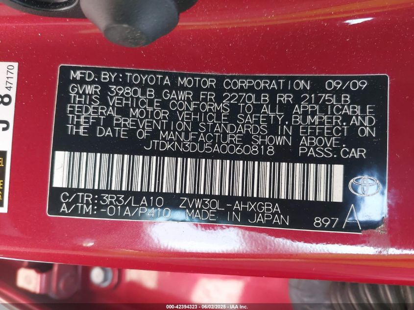 2010 Toyota Prius Iv VIN: JTDKN3DU5A0060818 Lot: 42394323