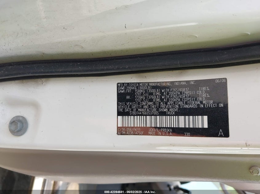 2006 TOYOTA TUNDRA VIN: 5TBDT44166S537005