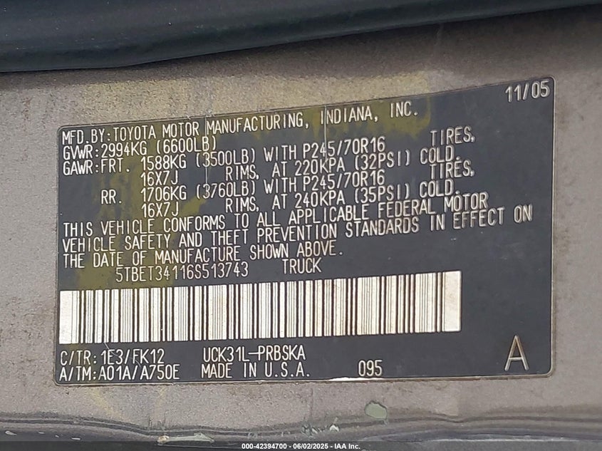 2006 TOYOTA TUNDRA VIN: 5TBET34116S513743