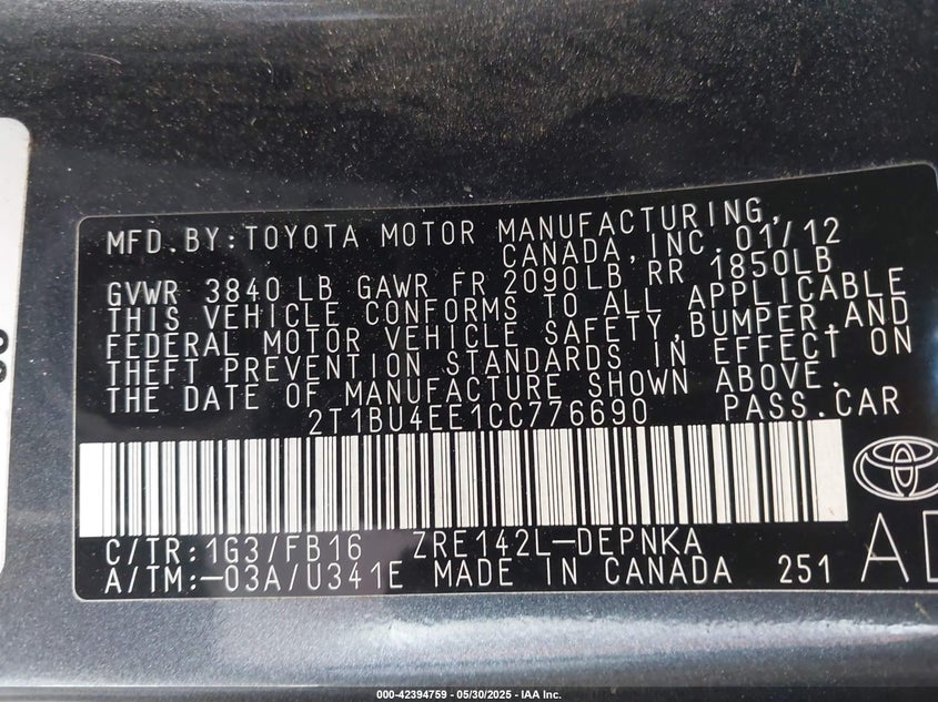 2012 TOYOTA COROLLA VIN: 2T1BU4EE1CC776690