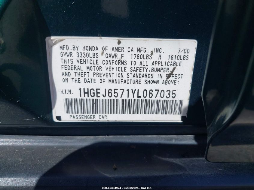 2000 Honda Civic Lx VIN: 1HGEJ6571YL067035 Lot: 42394924