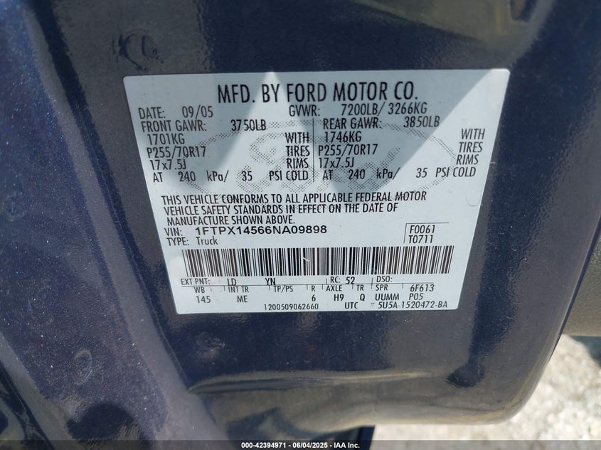 2006 FORD F-150 VIN: 1FTPX14566NA09898