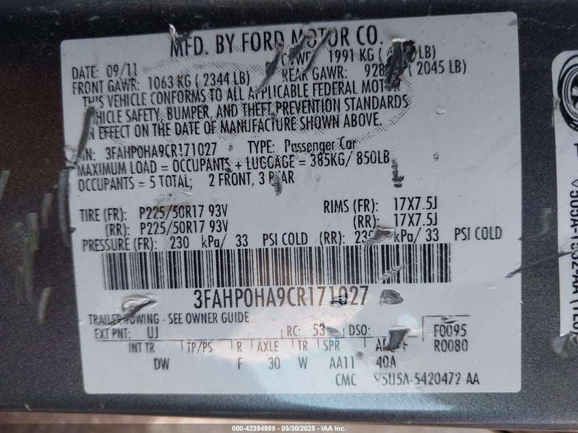 2012 FORD FUSION VIN: 3FAHP0HA9CR171027
