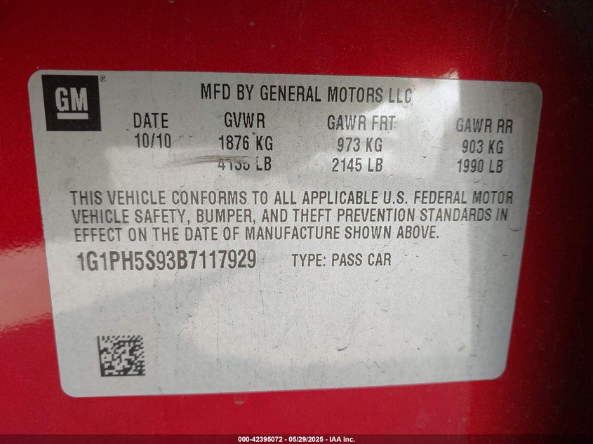2011 CHEVROLET CRUZE VIN: 1G1PH5S93B7117929