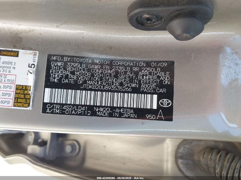 2009 Toyota Prius VIN: JTDKB20U893535266 Lot: 42395266
