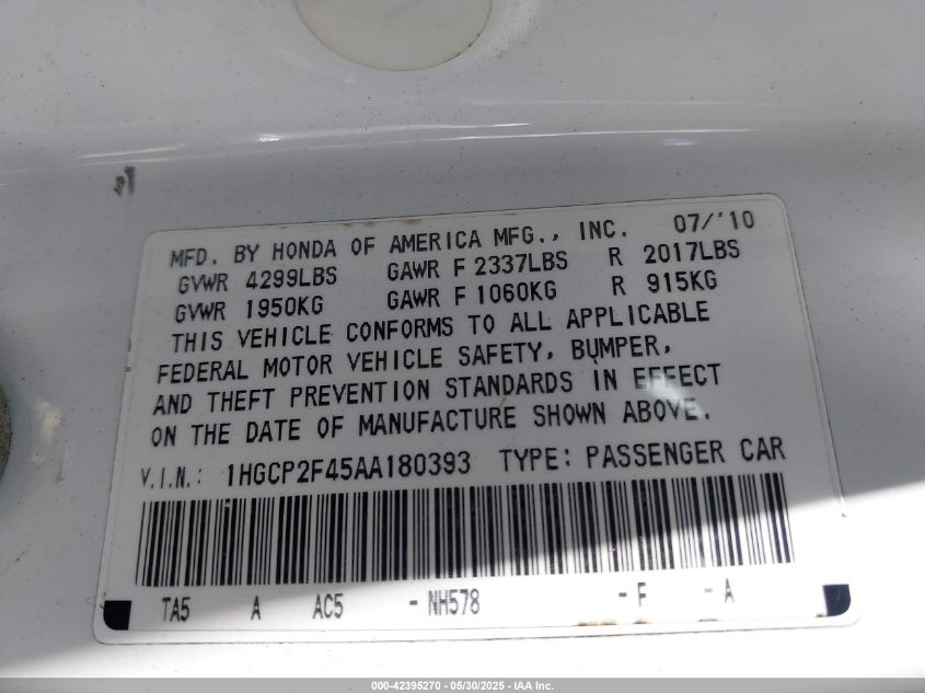 2010 Honda Accord 2.4 Lx-P VIN: 1HGCP2F45AA180393 Lot: 42395270