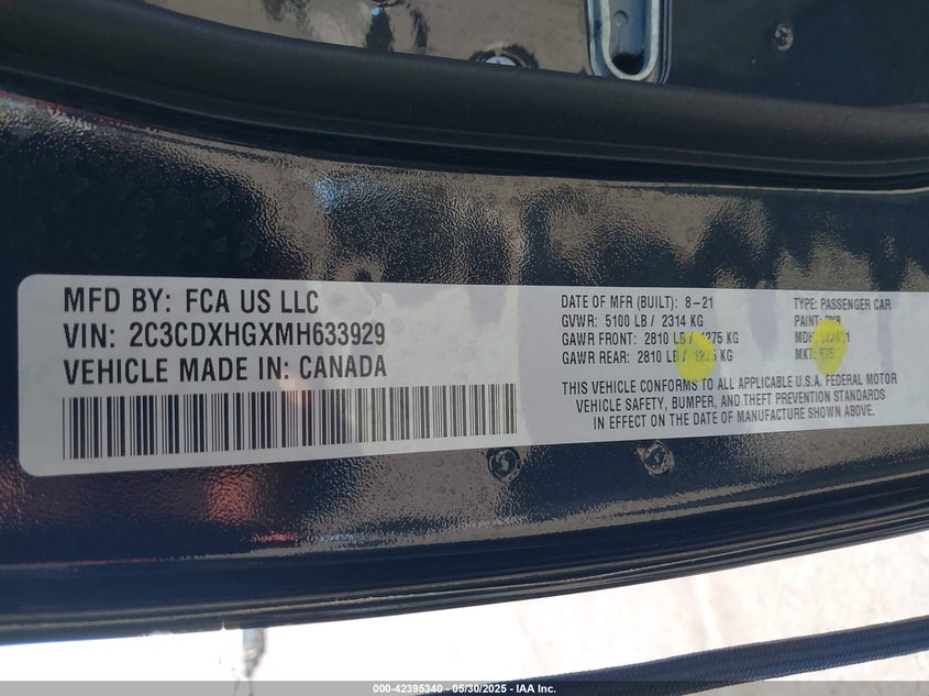 2021 DODGE CHARGER(VIN: 2C3CDXHGXMH633929