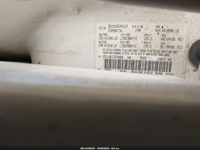 2003 Dodge Ram 3500 Slt/Laramie/St VIN: 3D7LU38C13G794868 Lot: 42395341