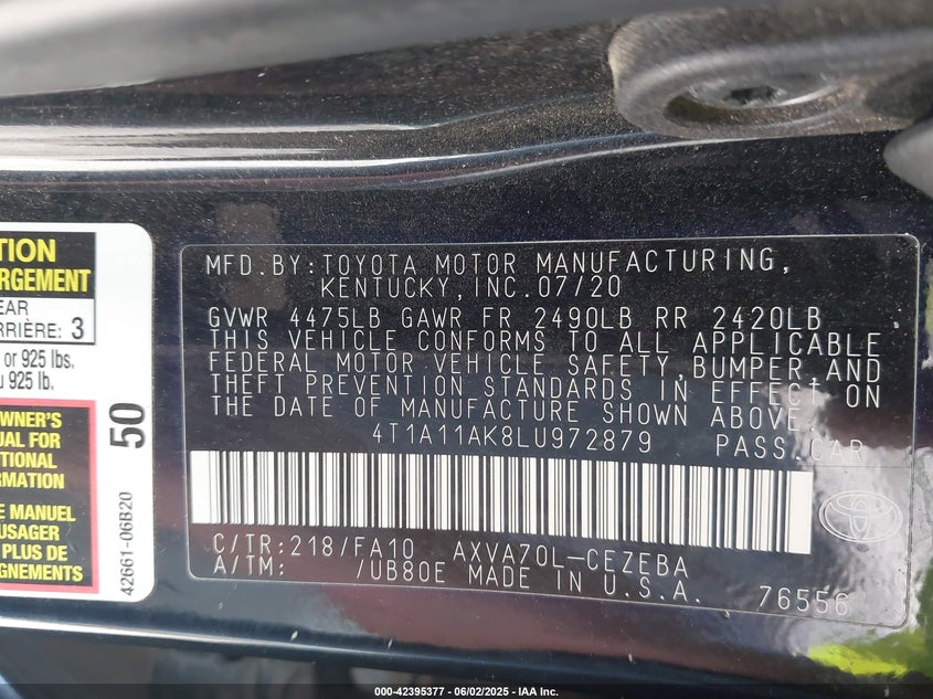 2020 TOYOTA CAMRY VIN: 4T1A11AK8LU972879