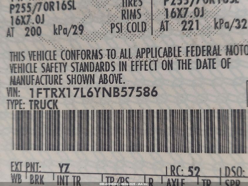 2000 Ford F-150 Lariat/Work Series/Xl/Xlt VIN: 1FTRX17L6YNB57586 Lot: 42395380