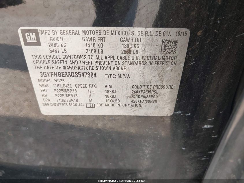 2016 Cadillac Srx Luxury Collection VIN: 3GYFNBE33GS547304 Lot: 42395451