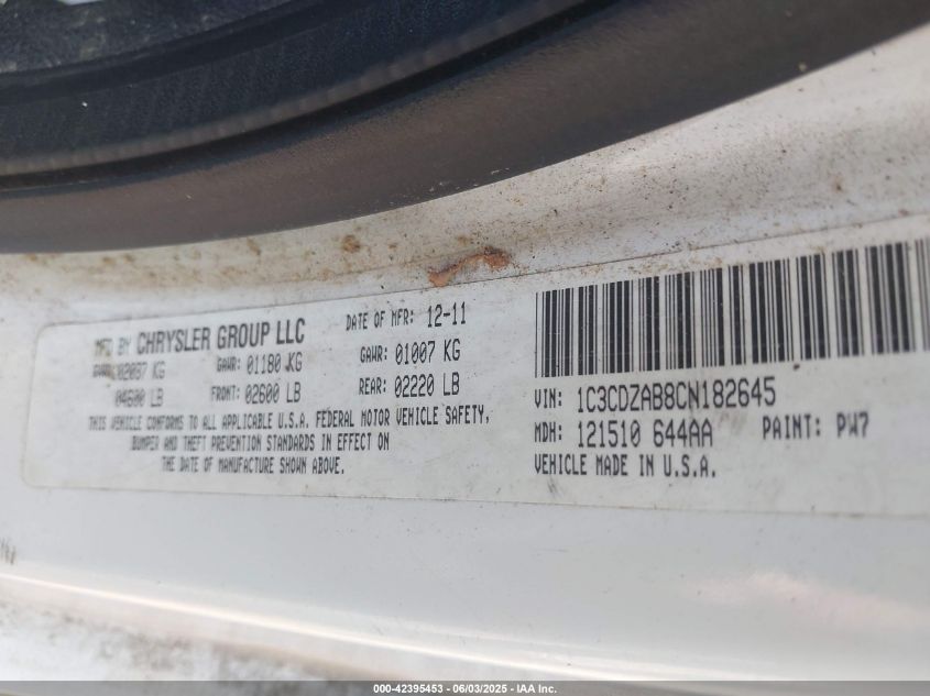 2012 Dodge Avenger Se VIN: 1C3CDZAB8CN182645 Lot: 42395453