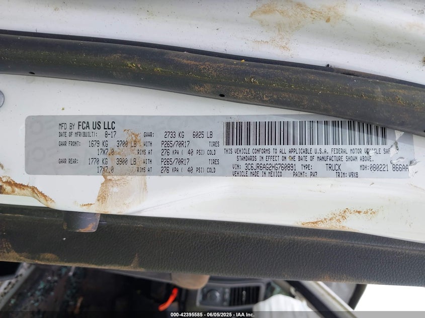 2017 RAM 1500 VIN: 3C6JR6AG2HG760891