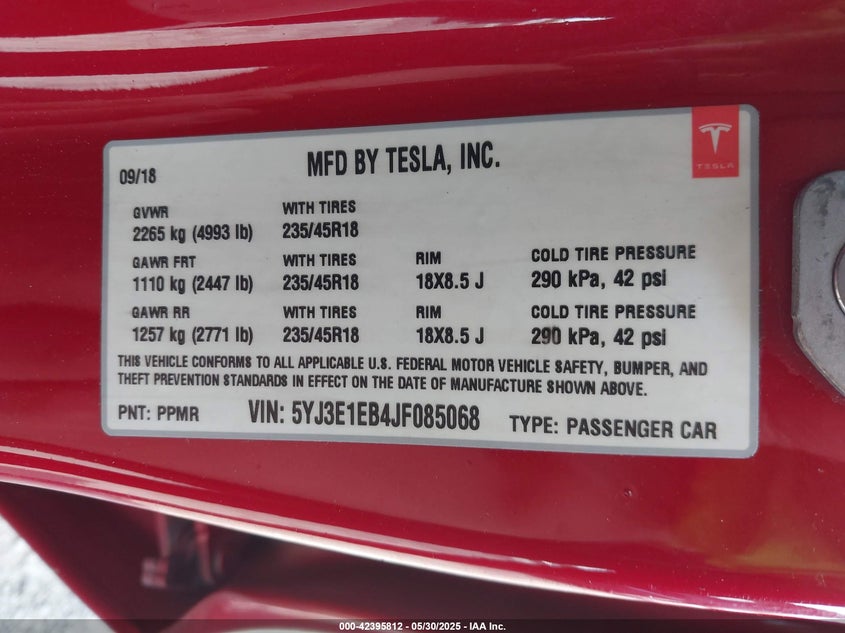 2018 TESLA MODEL 3 VIN: 5YJ3E1EB4JF085068