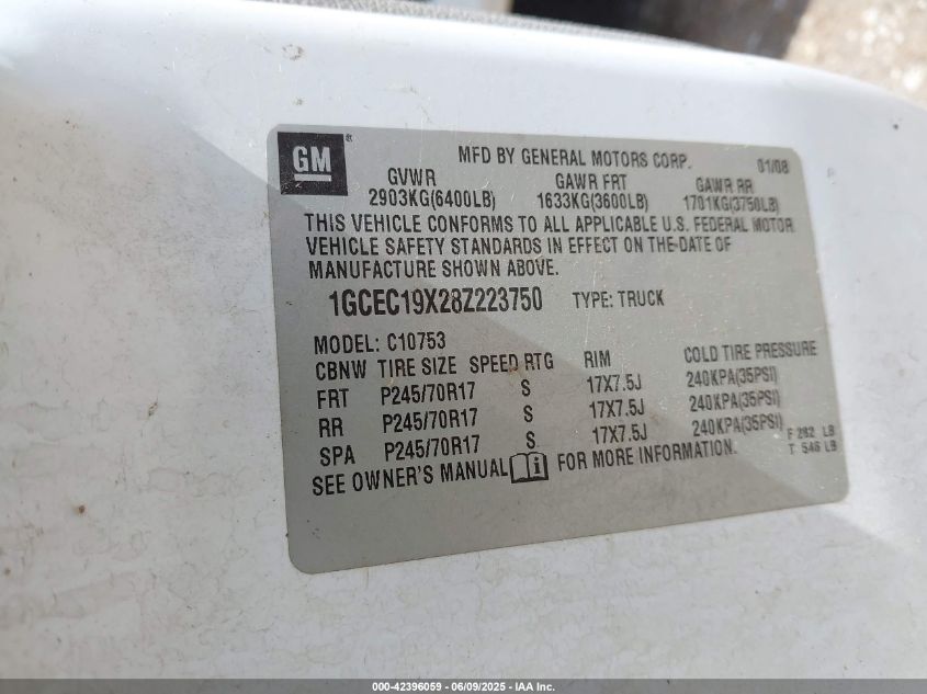 2008 Chevrolet Silverado 1500 Work Truck VIN: 1GCEC19X28Z223750 Lot: 42396059