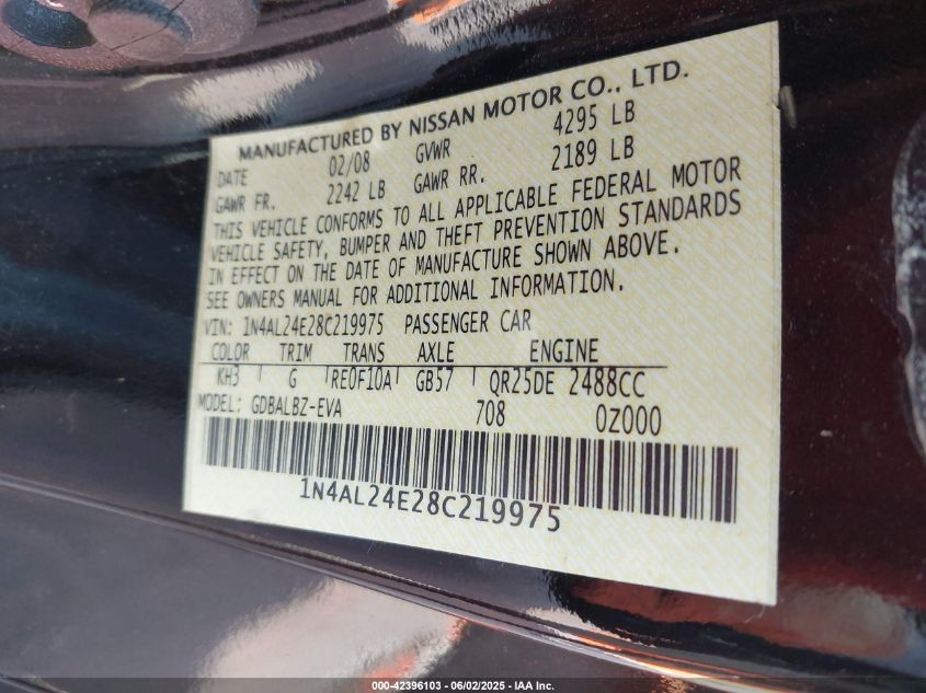 2008 Nissan Altima 2.5 S VIN: 1N4AL24E28C219975 Lot: 42396103