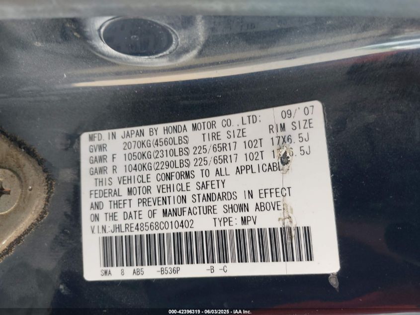 2008 Honda Cr-V Ex VIN: JHLRE48568C010400 Lot: 42396319