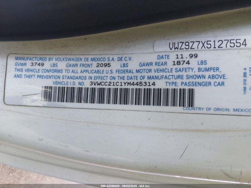 2000 Volkswagen New Beetle Gls VIN: 3VWCC21C1YM445314 Lot: 42396409