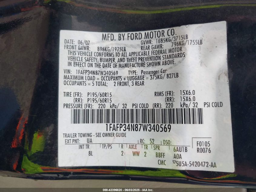 2007 Ford Focus S/Se/Ses VIN: 1FAFP34N87W340569 Lot: 42396820