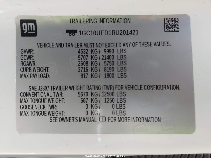 2024 Chevrolet Silverado Work Truck VIN: 1GC10UED1RU20142 Lot: 42396893