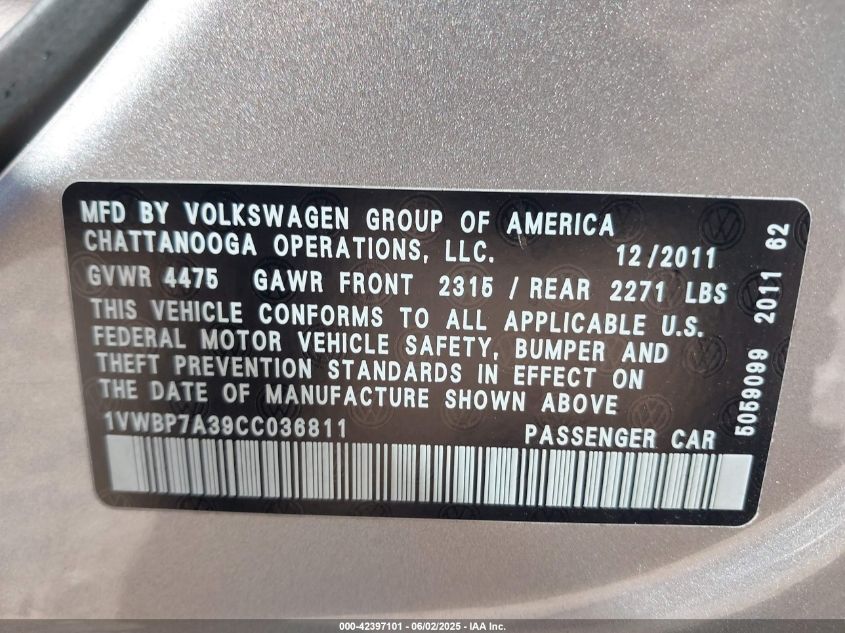 2012 Volkswagen Passat Se VIN: 01VWBP7A39CC03681 Lot: 42397101