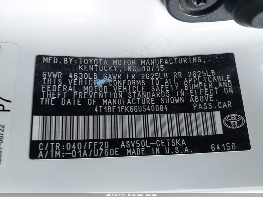 2016 TOYOTA CAMRY VIN: 4T1BF1FK6GU540084