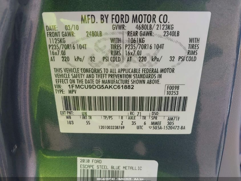 2010 Ford Escape Xlt VIN: 1FMCU9DG5AKC61882 Lot: 42397183