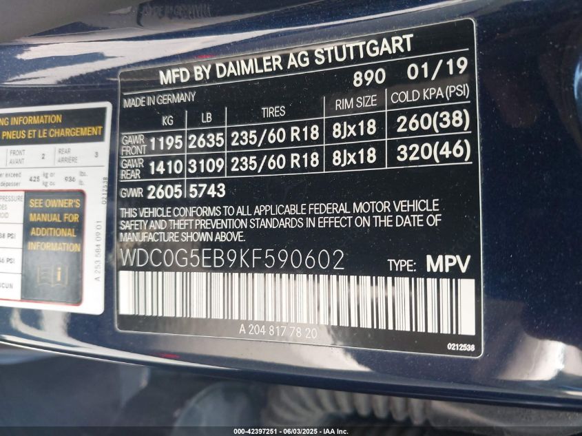 2019 Mercedes-Benz Glc 350E 4Matic VIN: WDC0G5EB9KF590602 Lot: 43056053